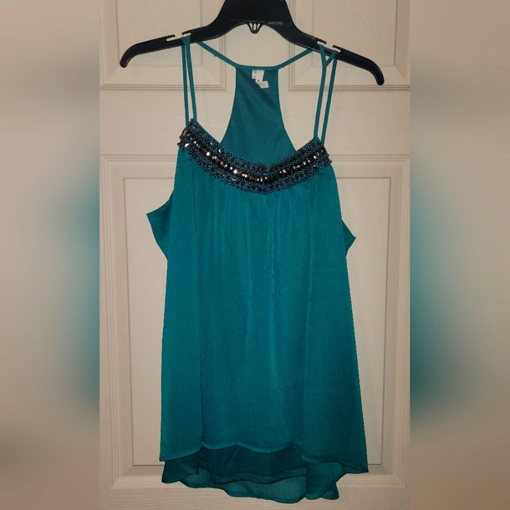 Studio Y Teal Embellished Scoop Neck T-Back Tank, Sz. XL